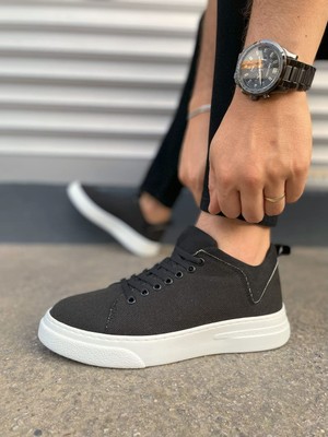 Pabucmarketi Siyah (Beyaz Taban) Keten Bağcıklı Erkek Sneaker