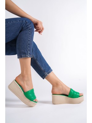 Pabucmarketi Yeşil Hasır Görünümlü Kadın Dolgu Topuk Terlik