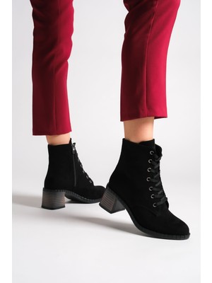 Pabucmarketi Siyah Süet Bağcıklı Fermuarlı Kadın Topuklu Bot