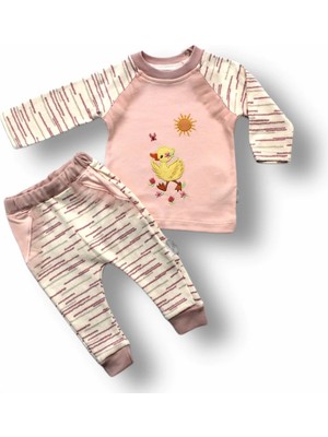 DMR Elegance 0-3 3-6 6-9 Ay Süslü Ördek Nakışlı Uzun Kollu Sweatli 2li Kız Bebek Takımı Pembe