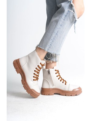 Pabucmarketi Krem (Taba Taban) Bağcıklı Fermuarlı Kadın Sneaker Bot
