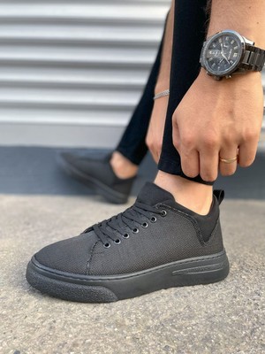 Pabucmarketi Siyah (Siyah Taban) Keten Bağcıklı Erkek Sneaker