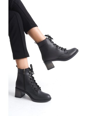 Pabucmarketi Siyah Bağcıklı Fermuarlı Kadın Topuklu Bot
