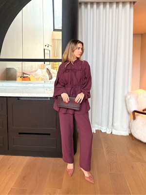 Miraydin Butik Önden Büzgülü Tünelli Modal Takım M41650 - Mürdüm