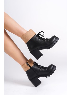 Pabucmarketi Siyah Bağcıklı Fermuarlı Kürk Detaylı Kadın Topuklu Bot