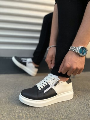 Pabucmarketi Siyah Beyaz (Beyaz Taban) Bağcıklı Fermuarlı Erkek Sneaker