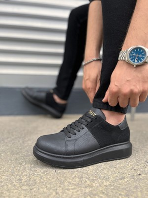 Pabucmarketi Siyah (Siyah Taban) Siyah Süet Detaylı Bağcıklı Erkek Sneaker