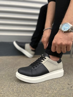 Pabucmarketi Siyah (Beyaz Taban) Gri Süet Detaylı Bağcıklı Erkek Sneaker