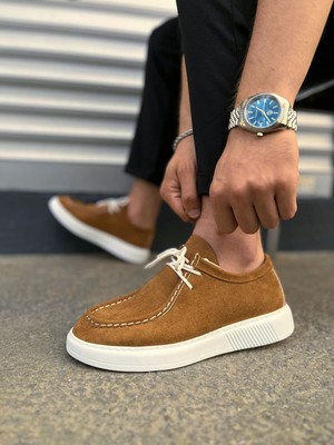Pabucmarketi Taba Süet (Beyaz Taban) Bağcıklı Erkek Günlük Ayakkabı