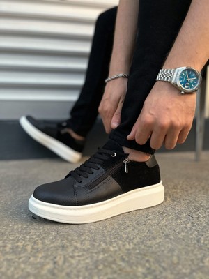 Pabucmarketi Siyah (Beyaz Taban) Siyah Süet Detaylı Bağcıklı Fermuarlı Erkek Sneaker
