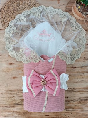 DMR Elegance Yenidoğan Tericotton Örgülü Trilüx Bebek Battaniyesi Kundak Gül Kurusu