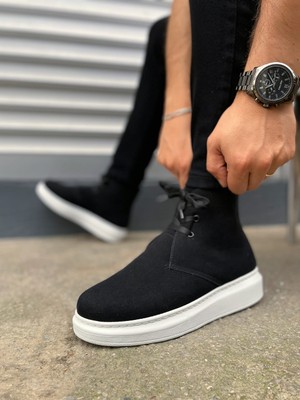 Pabucmarketi Siyah Süet (Beyaz Taban) Bağcıklı Erkek Sneaker Bot