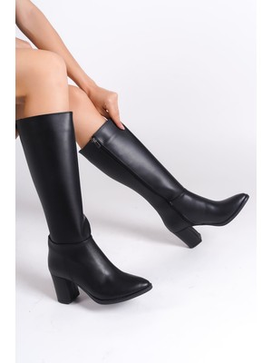Pabucmarketi Siyah Fermuarlı Kadın Topuklu Çizme