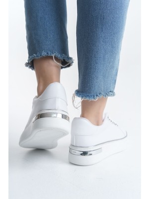 Pabucmarketi Beyaz Gümüş Bağcıklı Kadın Sneaker