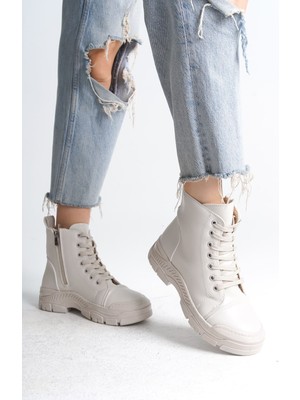 Pabucmarketi Krem (Krem Taban) Bağcıklı Fermuarlı Kadın Sneaker Bot
