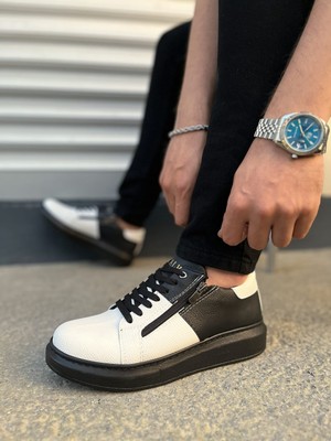 Pabucmarketi Beyaz Siyah (Siyah Taban) Bağcıklı Fermuarlı Erkek Sneaker