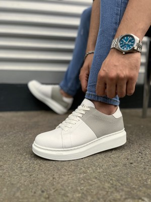 Pabucmarketi Beyaz Gri Süet Detaylı Bağcıklı Erkek Sneaker