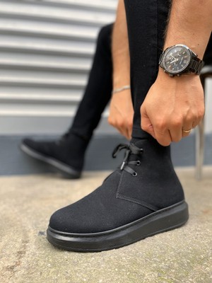 Pabucmarketi Siyah Süet (Siyah Taban) Bağcıklı Erkek Sneaker Bot