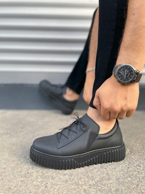 Pabucmarketi Siyah (Siyah Taban) Bağcık Detaylı Erkek Günlük Ayakkabı
