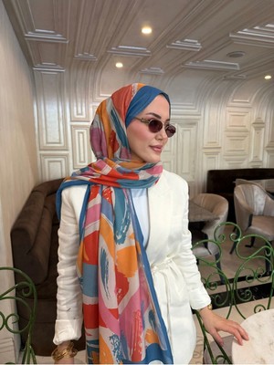 Meda Scarfs Mavi-Turuncu Fırça Desenli Şal | Vistoso