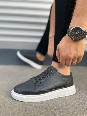 Pabucmarketi Siyah (Beyaz Taban) Lastik Bağcıklı Erkek Günlük Ayakkabı