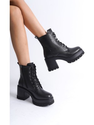 Pabucmarketi Siyah Bağcıklı Fermuarlı Kadın Topuklu Bot