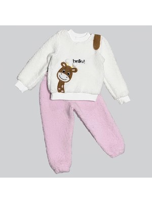 DMR Elegance 1-2-3 Yaş Hello Zürafa Nakışlı Kuzu Kumaş Sweat Pantolon Uzun Kollu Kız Erkek 2 Li Takımı Pembe