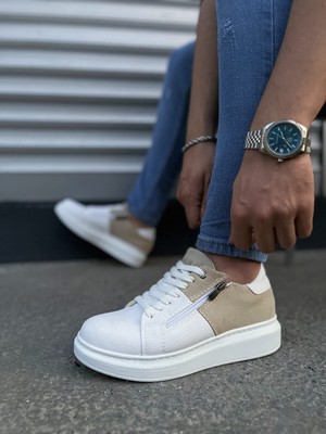 Pabucmarketi Beyaz Krem Süet Detaylı Bağcıklı Fermuarlı Erkek Sneaker