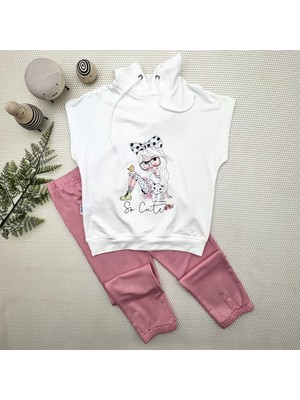 DMR Elegance 3-4-5 Yaş Kapşonlu Sevimli Kız Baskılı Kısa Kolu 2li Kız Erkek Çocuk Takımı Gül Kurusu