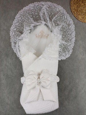 DMR Elegance Yenidoğan Kumru Plazma Taçlı Lüks Kundak Bebek Battaniyesi Ekru