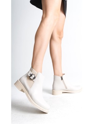 Pabucmarketi Krem Fermuarlı Kadın Topuklu Bot