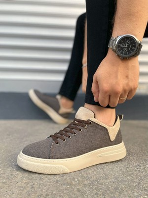 Pabucmarketi Kahve Krem Keten Bağcıklı Erkek Sneaker