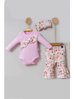 DMR Elegance Çiçek Desenli Fiyonklu 3'lü Kız Bebek Takım
