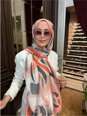 Meda Scarfs Beyaz-Turuncu Açık Ton Fırça Desenli Şal-Eşarp | Salmon