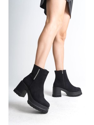 Pabucmarketi Siyah Süet Fermuarlı Kadın Topuklu Bot