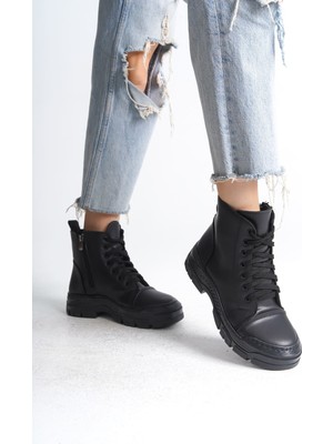Pabucmarketi Siyah (Siyah Taban) Bağcıklı Fermuarlı Kadın Sneaker Bot