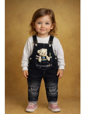 Famous Town Kız Çocuk Sevimli Ayıcık Nakışlı Kot Salopet Tulum