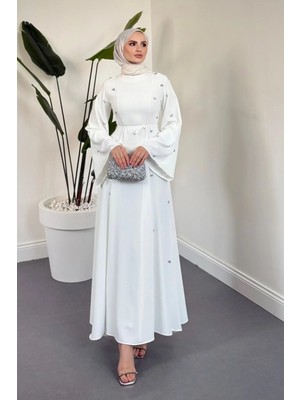 Merven Akyüz Adeline Yanları Taşlı Ispanyol Kol Abiye Beyaz