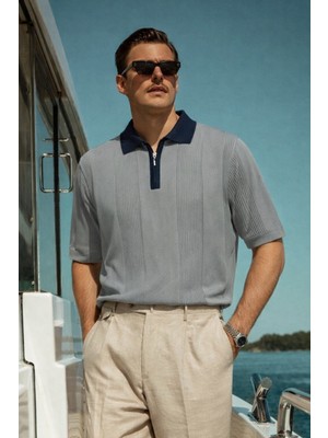 Damga Erkek Çizgili Premium Comfort Gri Polo Yaka Tişört