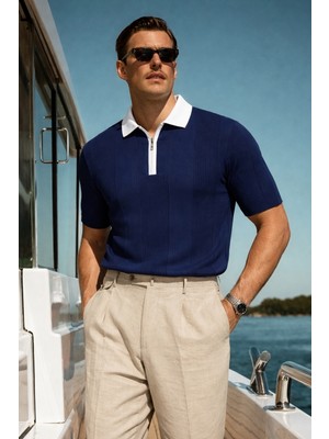 Damga Erkek Çizgili Premium Comfort Lacivert Polo Yaka Tişört