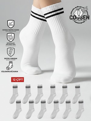 COUSEN 12 Çift Pamuklu Kolej Çorap | Çemberli | Beyaz | Günlük | Comfort | Egzersiz  | Fitnes | Spor
