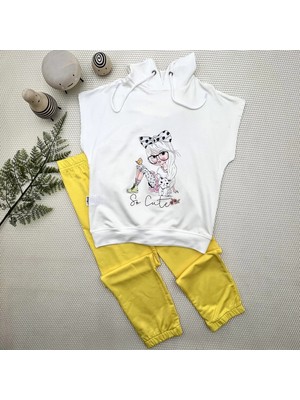 DMR Elegance 3-4-5 Yaş Kapşonlu Sevimli Kız Baskılı Kısa Kolu 2li Kız Erkek Çocuk Takımı Sarı