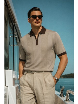 Damga Erkek Çizgili Premium Comfort Krem Polo Yaka Tişört