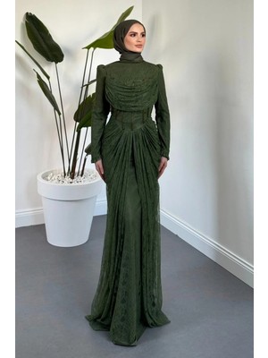 Merven Akyüz Juliet Noir Korse Detay Dantel Abiye Haki