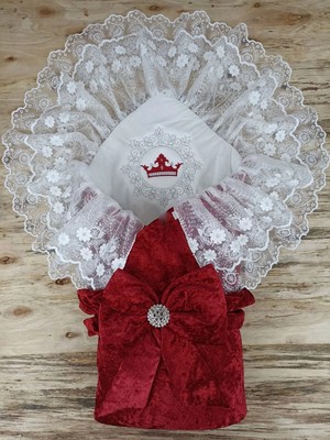 DMR Elegance Yenidoğan Saray Kadife Taç Nakışlı Inci Fiyonklu Çift Dantel Duvak Trilüks Kundak Bebek Battaniyesi Bordo