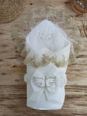 DMR Elegance Yenidoğan Shine Kumru Melek Kanat Fiyonklu Gold Dantel Duvaklı Delüks Kundak Bebek Battaniyesi Ekru