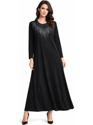 Wearon Kadın Siyah Taşlı  Uzun Kol Likralı Viskon Elbise BGL-ST05326