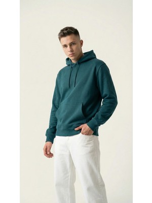 Unisex Rahat Kesim Pamuklu Yumuşak Dokulu Içi Polarlı Basic Desenli Kapüşonlu Sweatshirt Petrol Yeşil / M