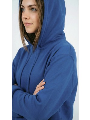 Unisex Rahat Kesim Pamuklu Yumuşak Dokulu Içi Polarlı Basic Desenli Kapüşonlu Sweatshirt Koyu Mavi / M