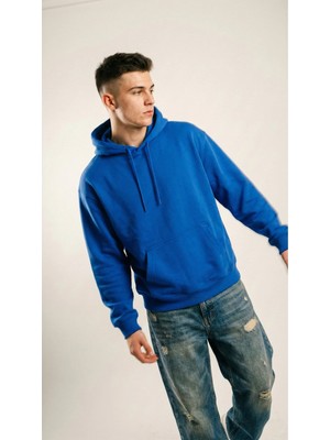 Unisex Rahat Kesim Pamuklu Yumuşak Dokulu Içi Polarlı Basic Desenli Kapüşonlu Sweatshirt Saks Mavisi / L